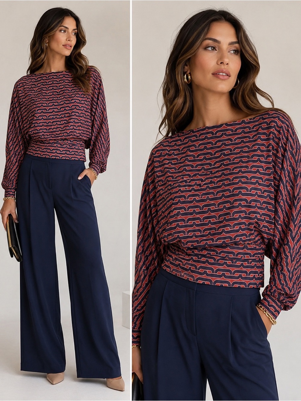 Halston Women's Printed Commuter Dolman-Sleeve Top blouse Sz L NWOT